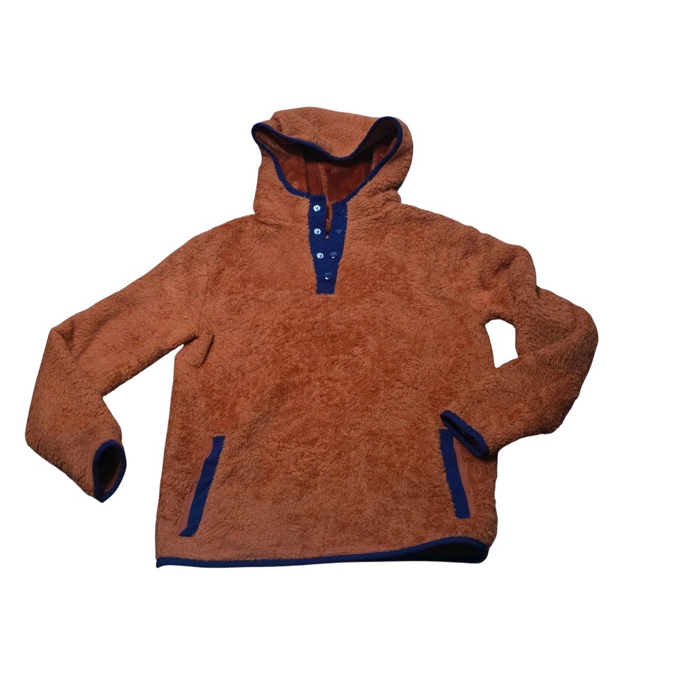 Cat & Jack Girls Rust Orange Faux Fur Fleece Pullover Hoodie Navy Trim Sz M 8-10
